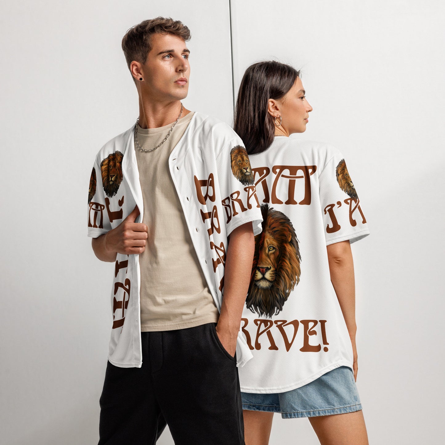 “I’AM BRAVE!” White Unisex Baseball Jersey W/Brown Font