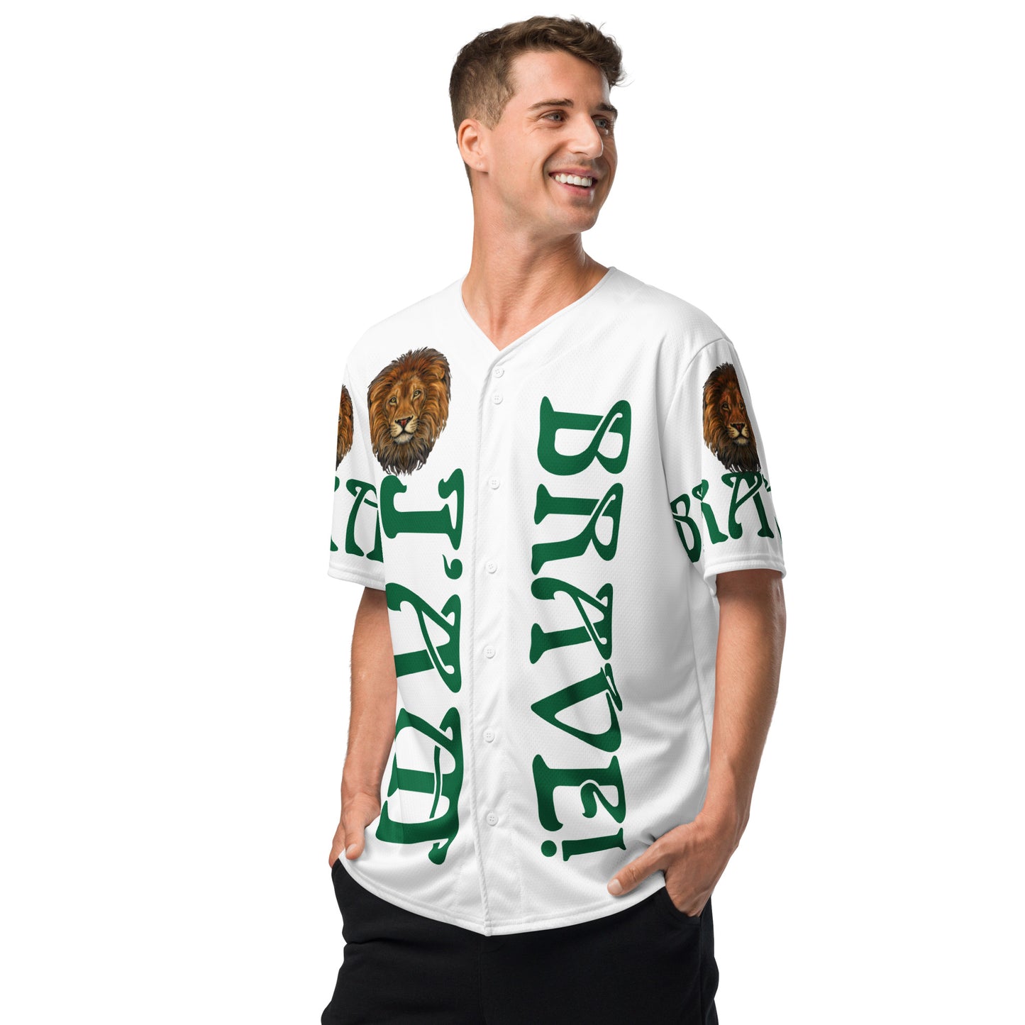 “I’AM BRAVE!” White Unisex Baseball Jersey W/Green Font