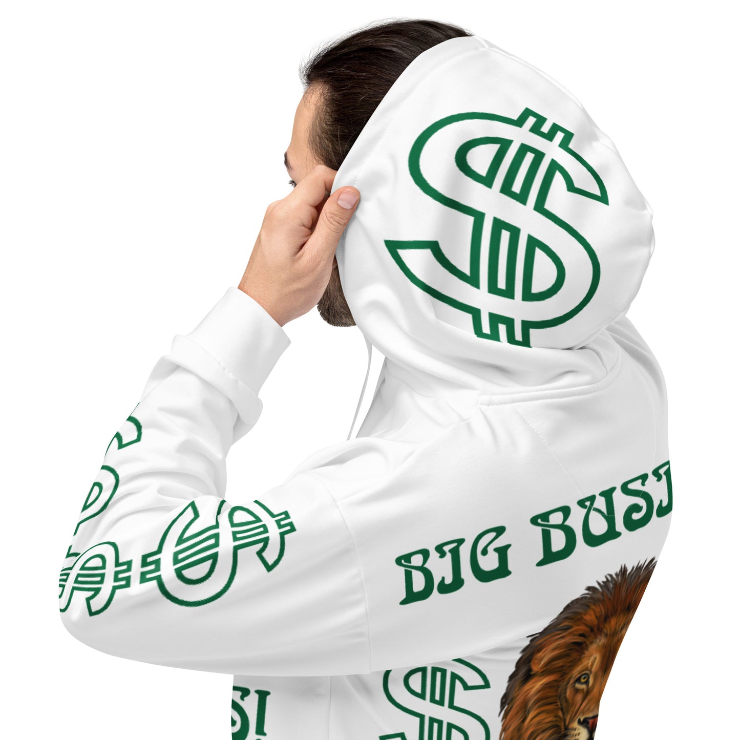 “BIG BUSINESS & BIG DREAMS!”White Unisex Hoodie W/Green Font