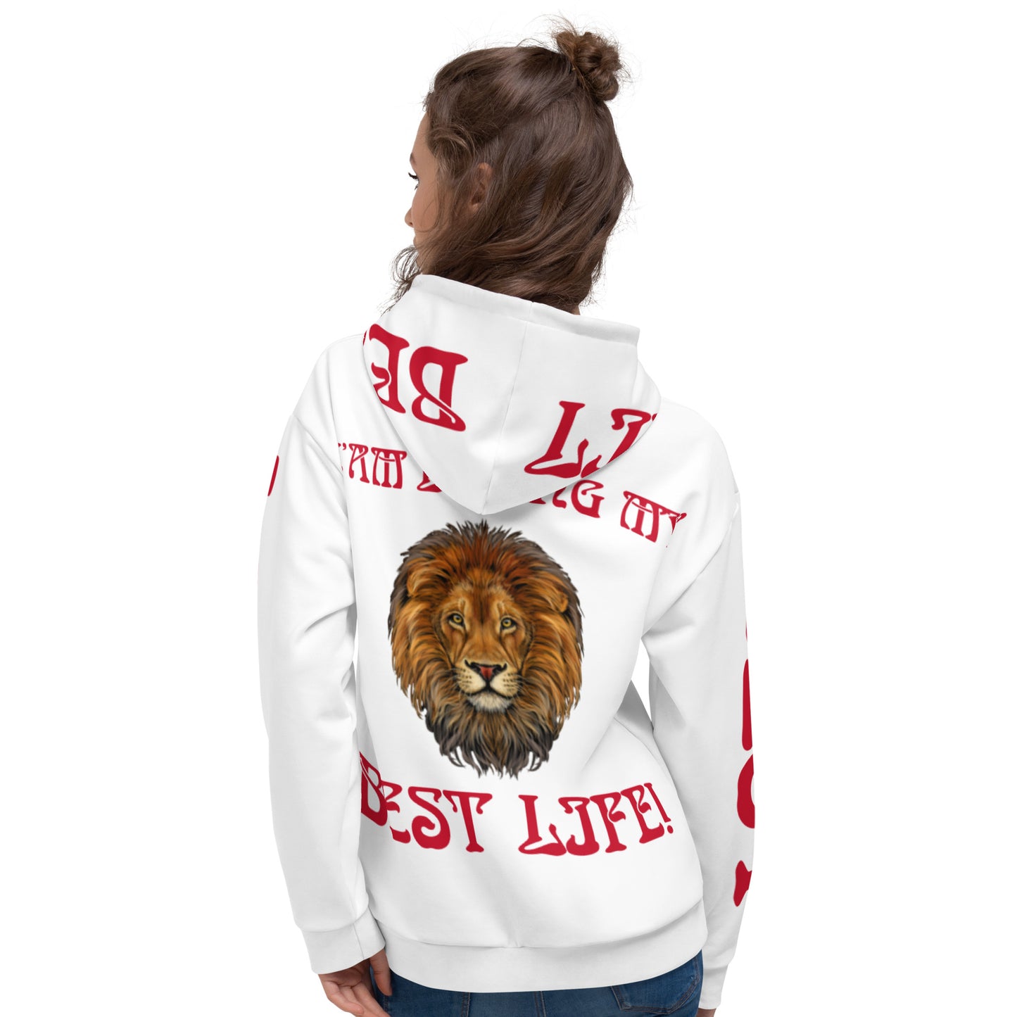 “I’AM LIVING MY BEST LIFE!"White Unisex Hoodie W/Red Font