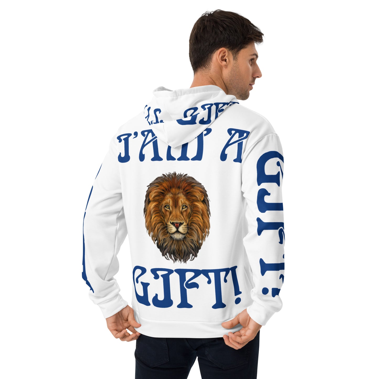 “I’AM A GIFT!”White Unisex Hoodie W/Blue Font