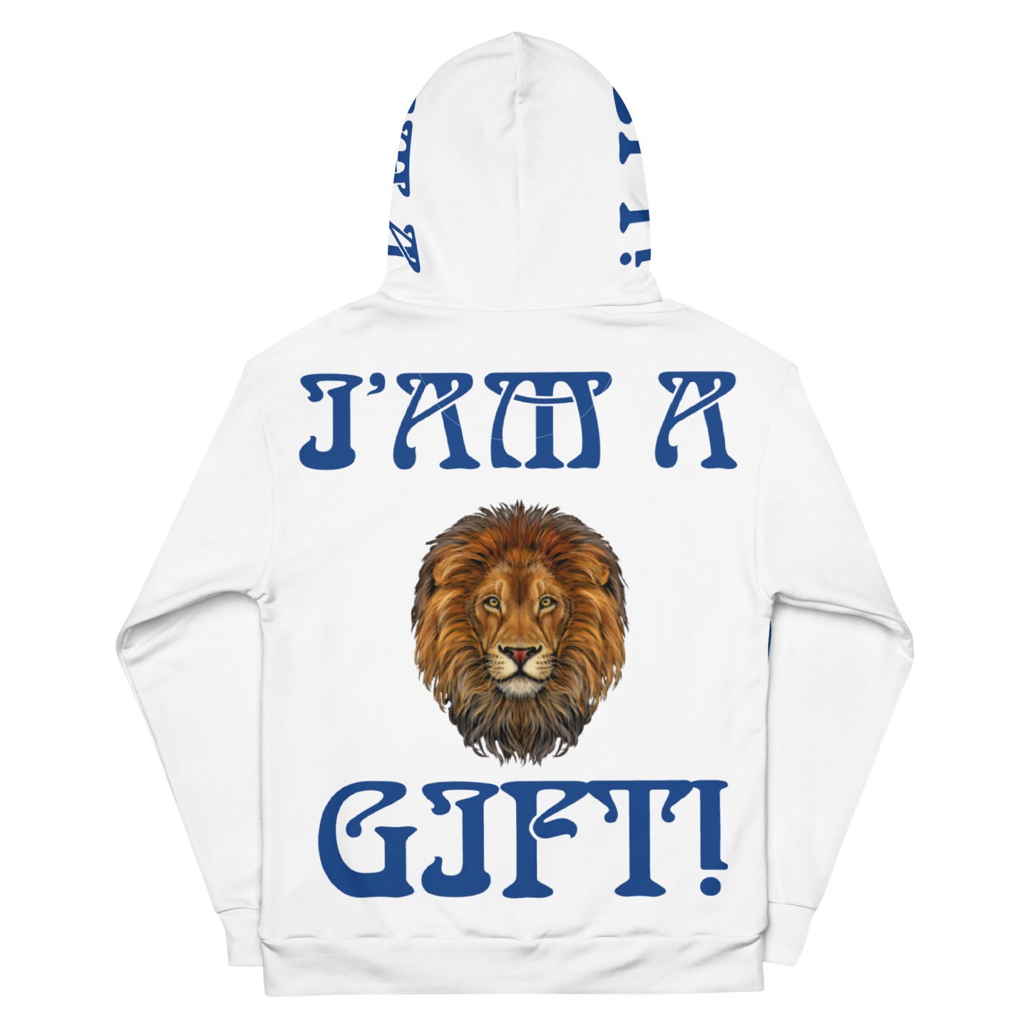 “I’AM A GIFT!”White Unisex Hoodie W/Blue Font