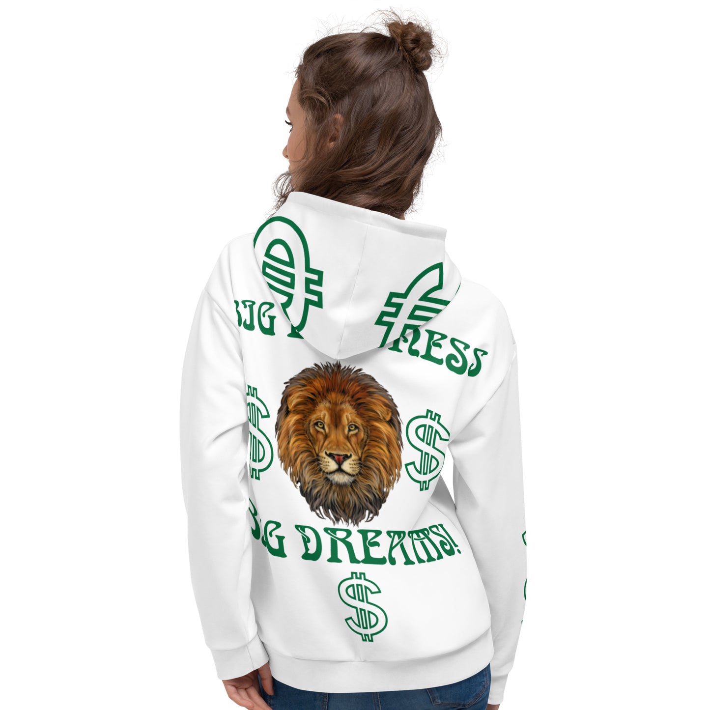 “BIG BUSINESS & BIG DREAMS!”White Unisex Hoodie W/Green Font