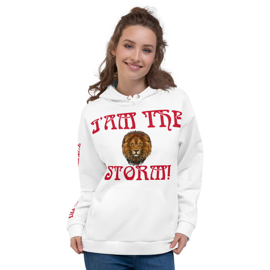 “I’AM THE STORM!"White Unisex Hoodie W/Red Font