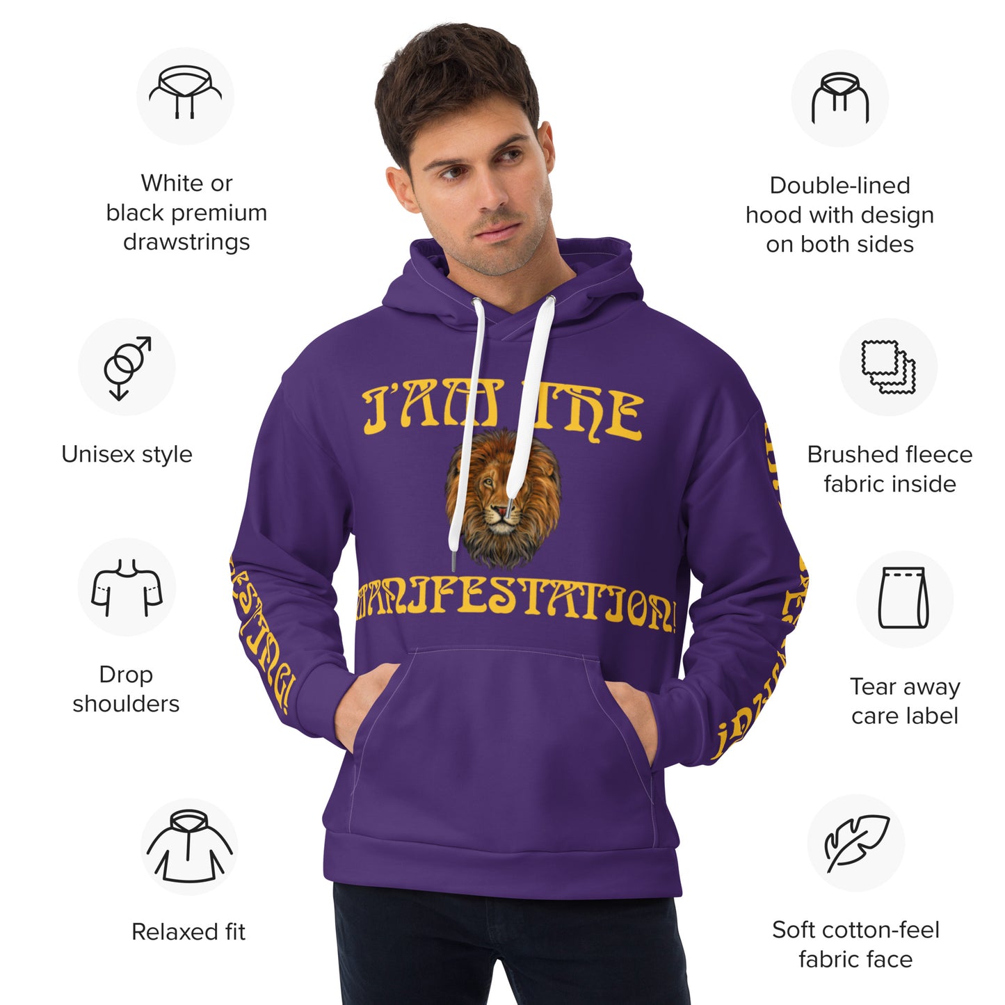 “I’AM THE MANIFESTATION!”Purple Unisex Hoodie W/Yellow Font