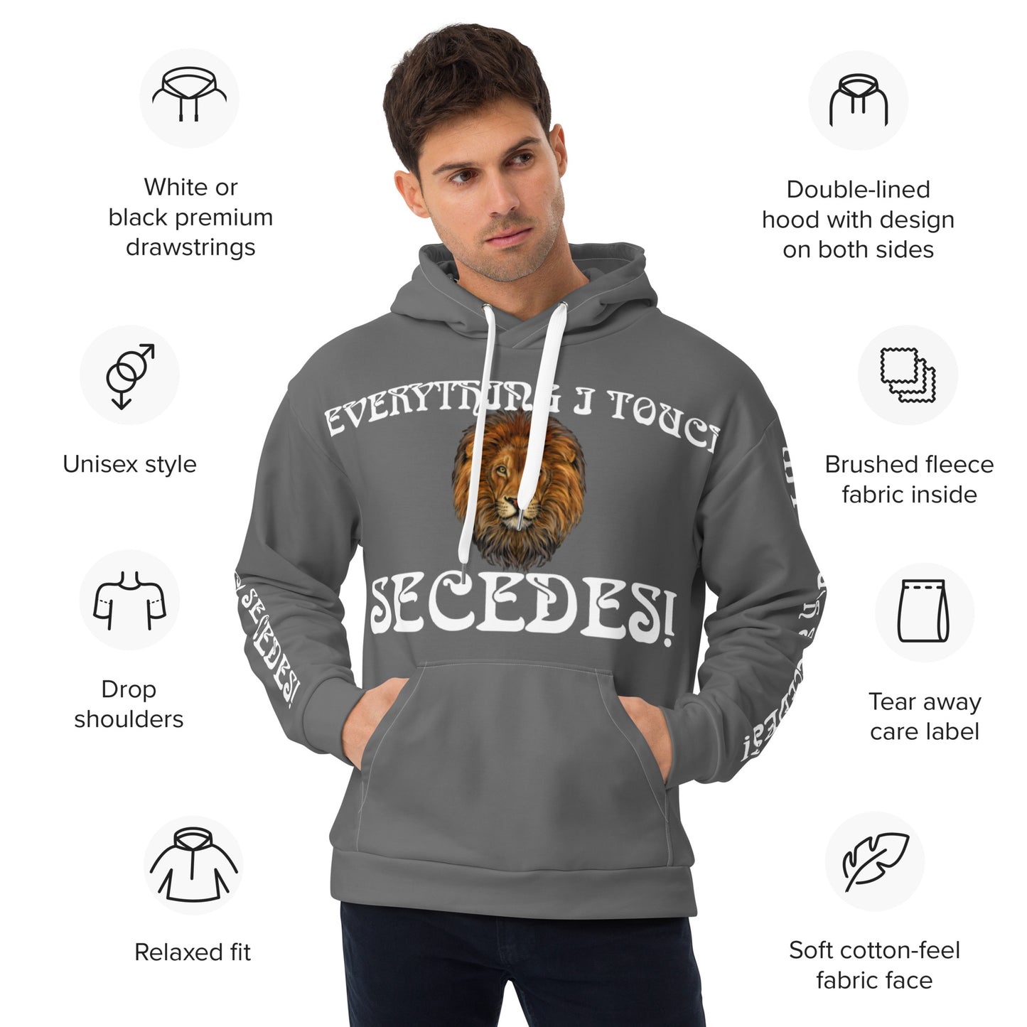 “EVERYTHING I TOUCH SECEDES!"Grey Unisex Hoodie W/White Font