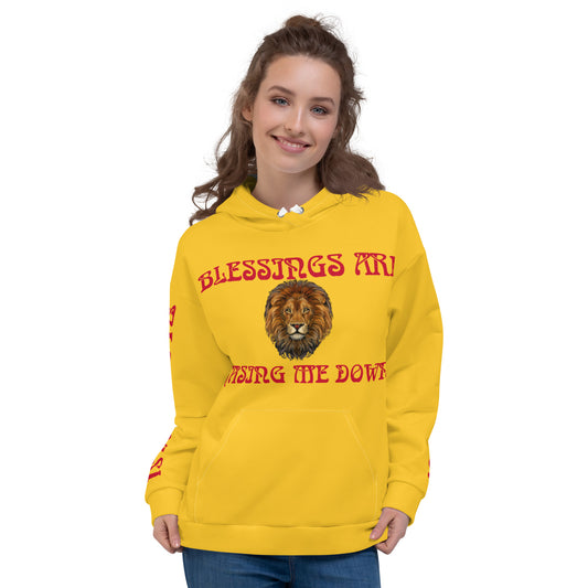 “BLESSINGS ARE CHASING ME DOWN!”Yellow Unisex Hoodie W/Red Font