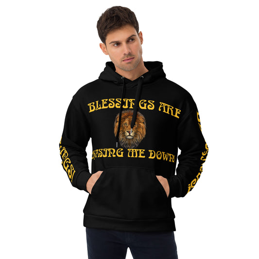 “BLESSINGS ARE CHASING ME DOWN!”Black Unisex Hoodie W/Yellow Font