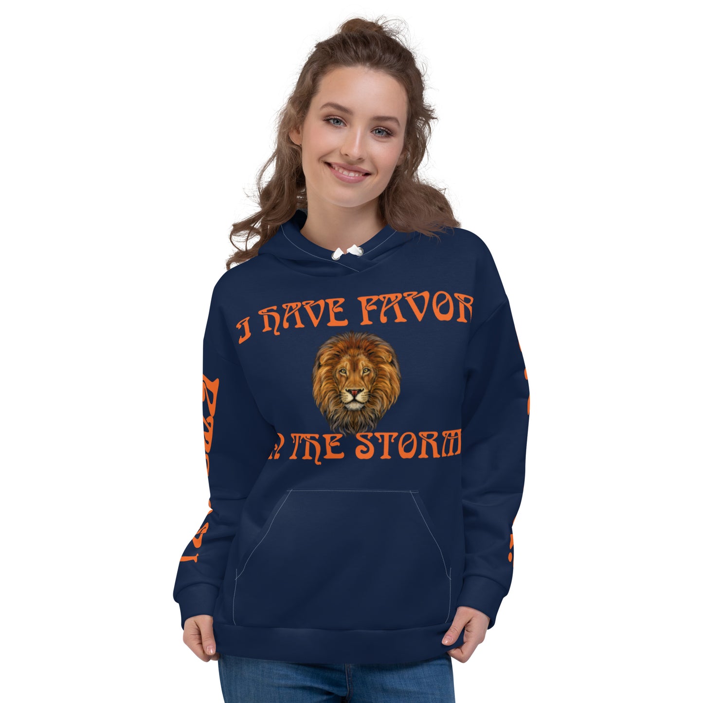 “I HAVE FAVOR IN THE STORM!”Navy Unisex Hoodie W/Orange Font