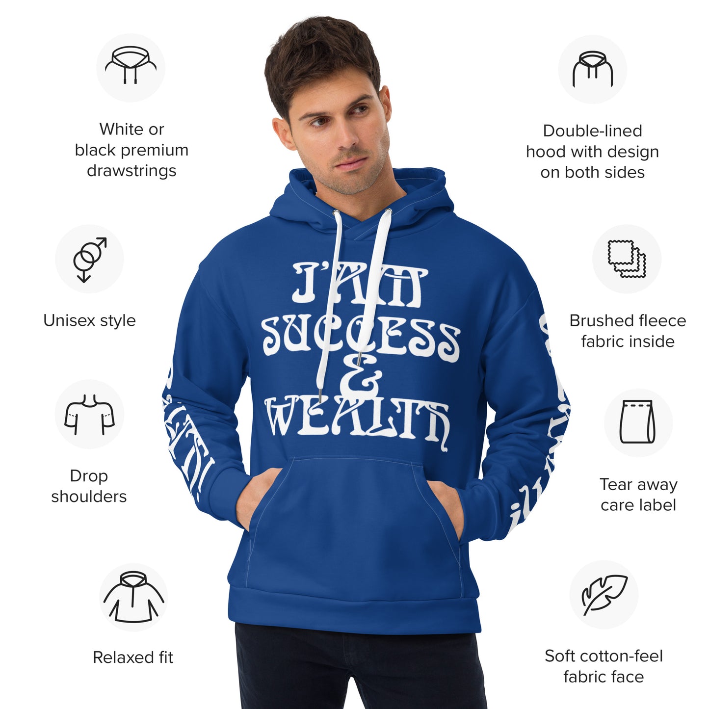 “I’AM SUCCESS&WEALTH!”Blue Unisex Hoodie W/White Font