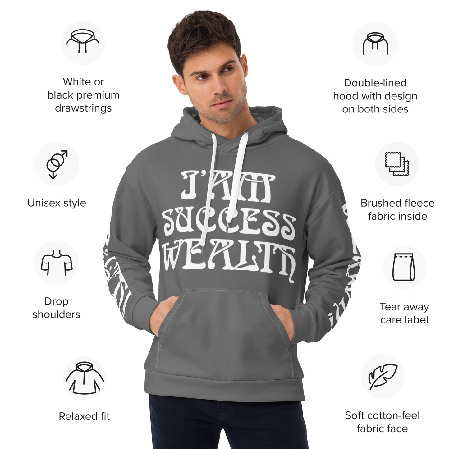 “I’AM SUCCESS,WEALTH!”Grey Unisex Hoodie W/White Font