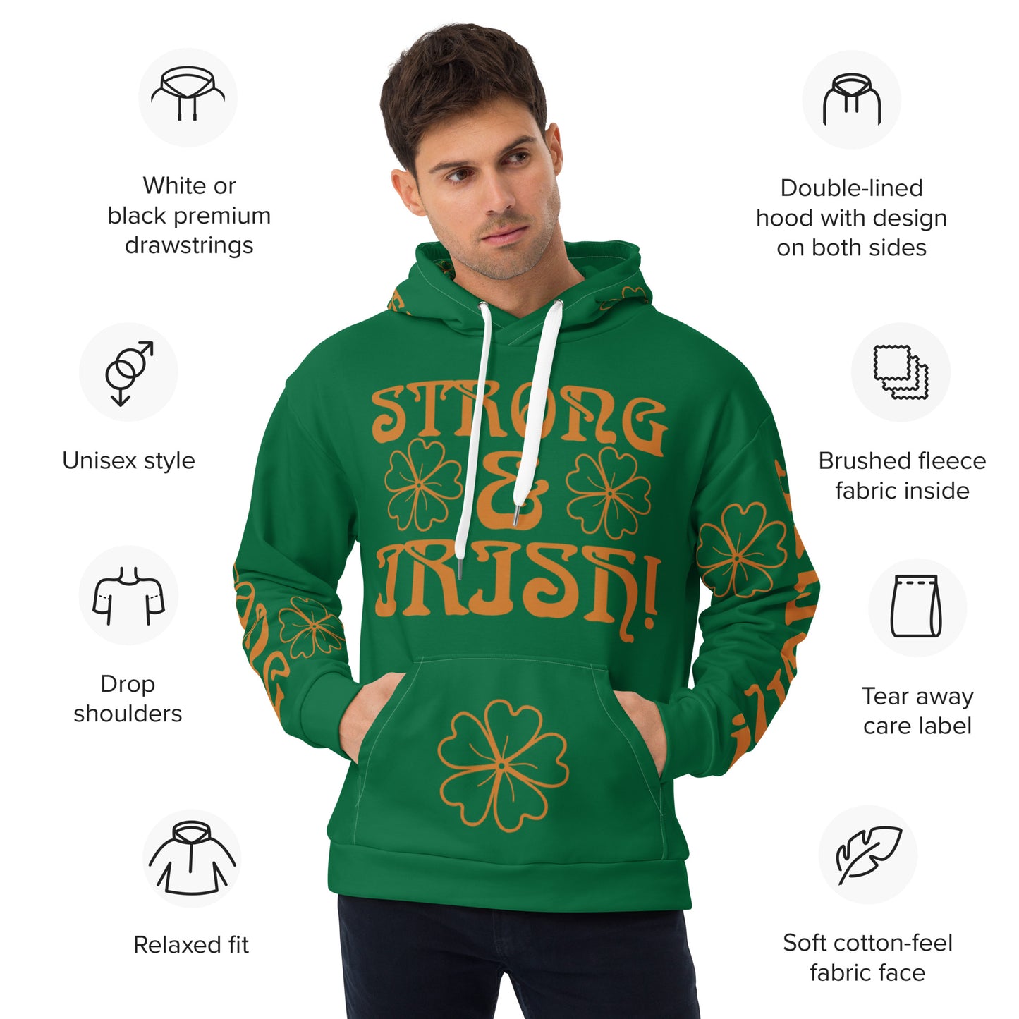 “STRONG & IRISH!”Green Unisex Hoodie W/Bronze Font