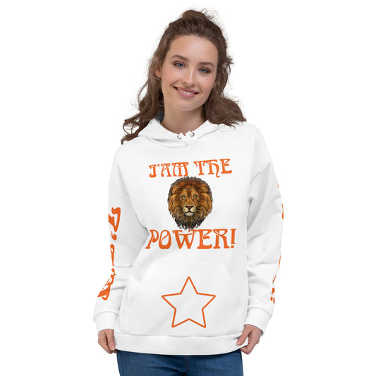 “I’AM THE POWER!”White Unisex Hoodie W/Orange Font