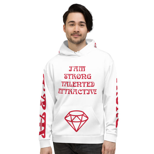 “I’AMSTRONG,TALENTED,ATTRACTIVE”White Unisex Hoodie W/Red Font