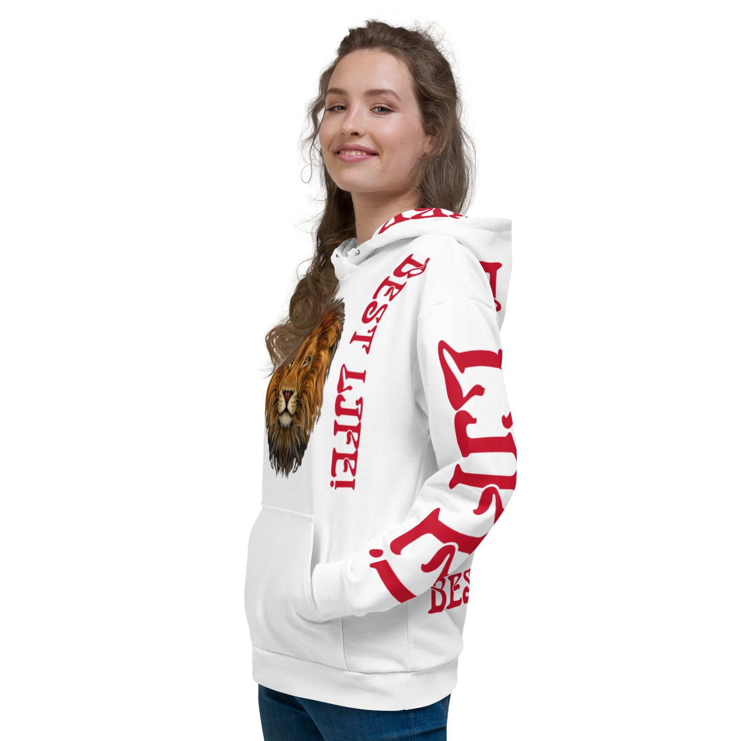 “I’AM LIVING MY BEST LIFE!"White Unisex Hoodie W/Red Font