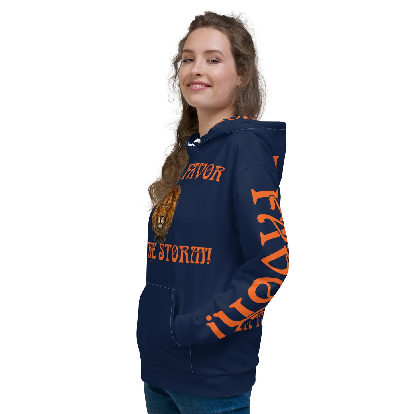 “I HAVE FAVOR IN THE STORM!”Navy Unisex Hoodie W/Orange Font