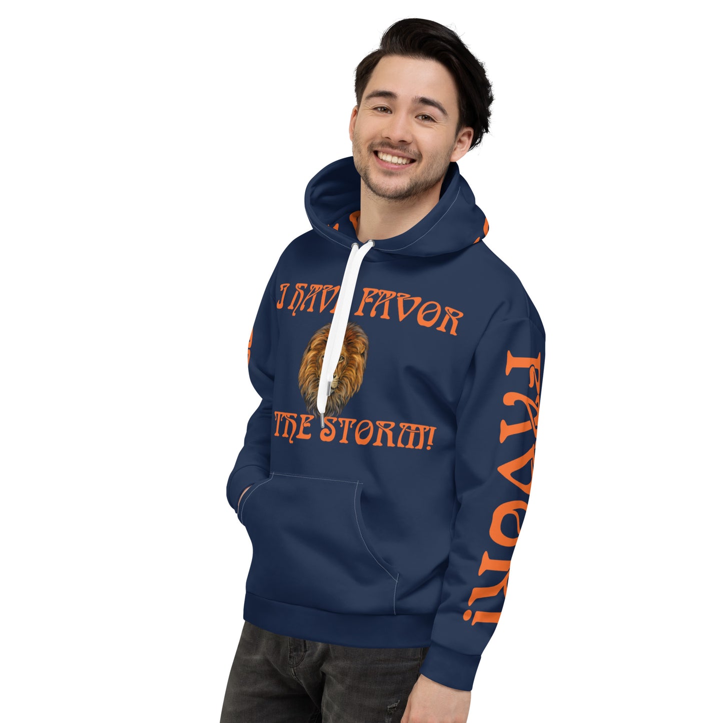 “I HAVE FAVOR IN THE STORM!”Navy Unisex Hoodie W/Orange Font