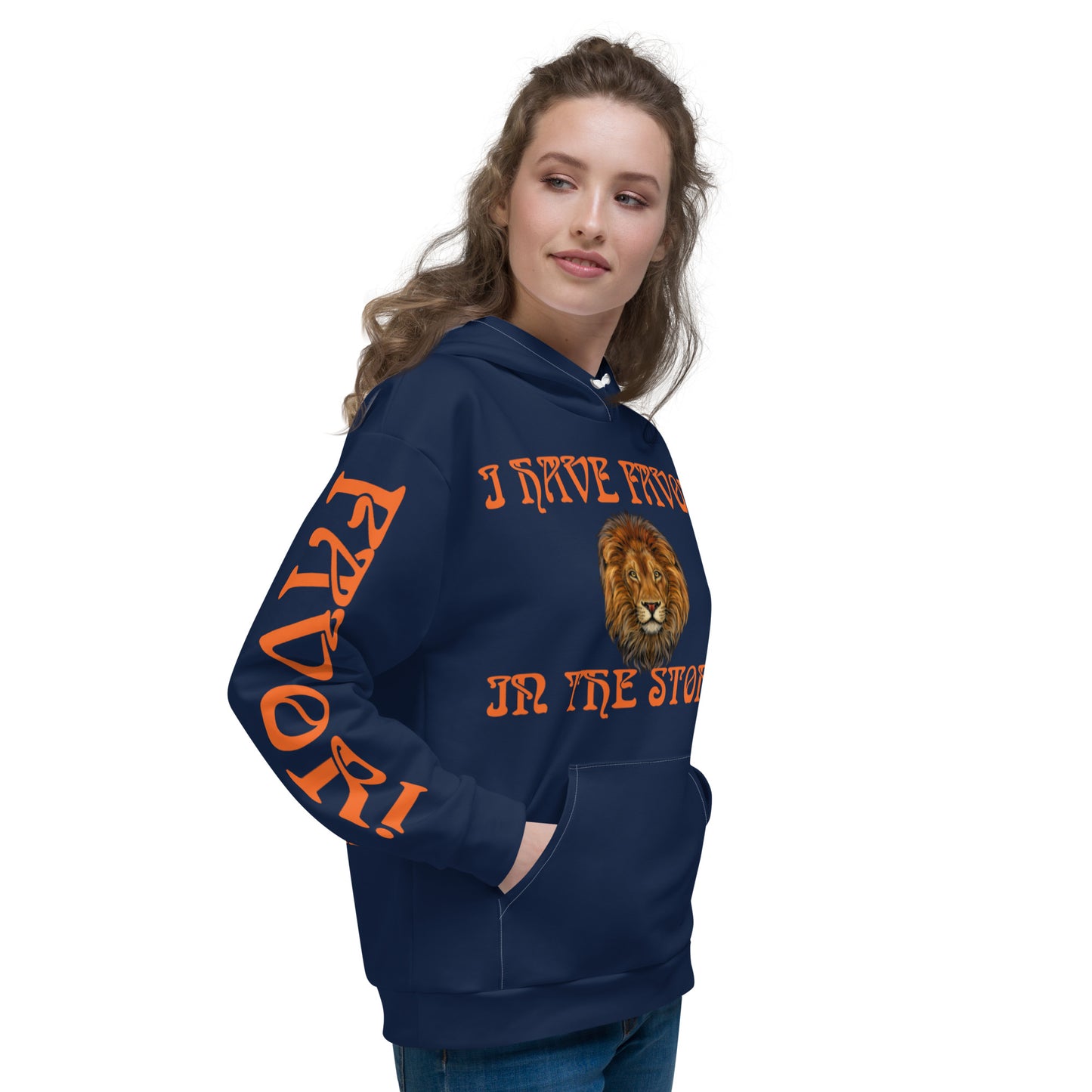 “I HAVE FAVOR IN THE STORM!”Navy Unisex Hoodie W/Orange Font