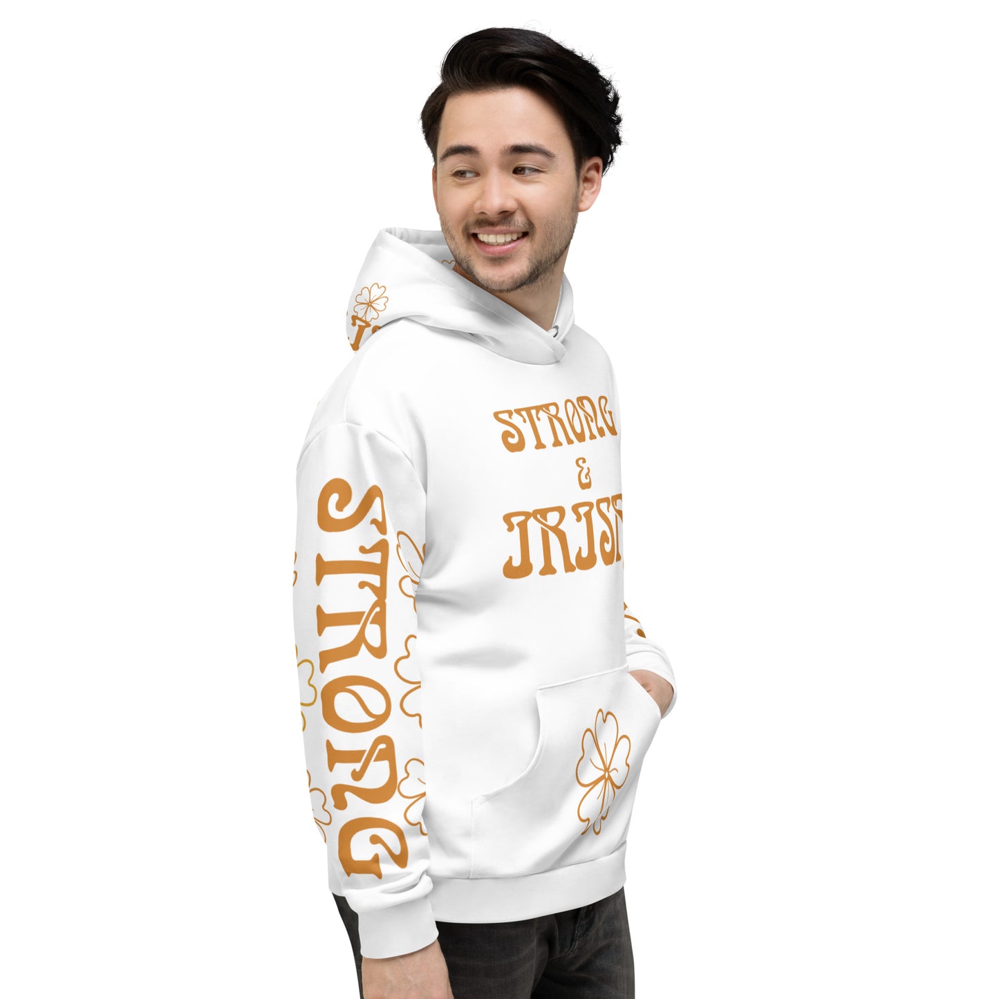 “STRONG & IRISH!”White Unisex Hoodie W/Bronze Font