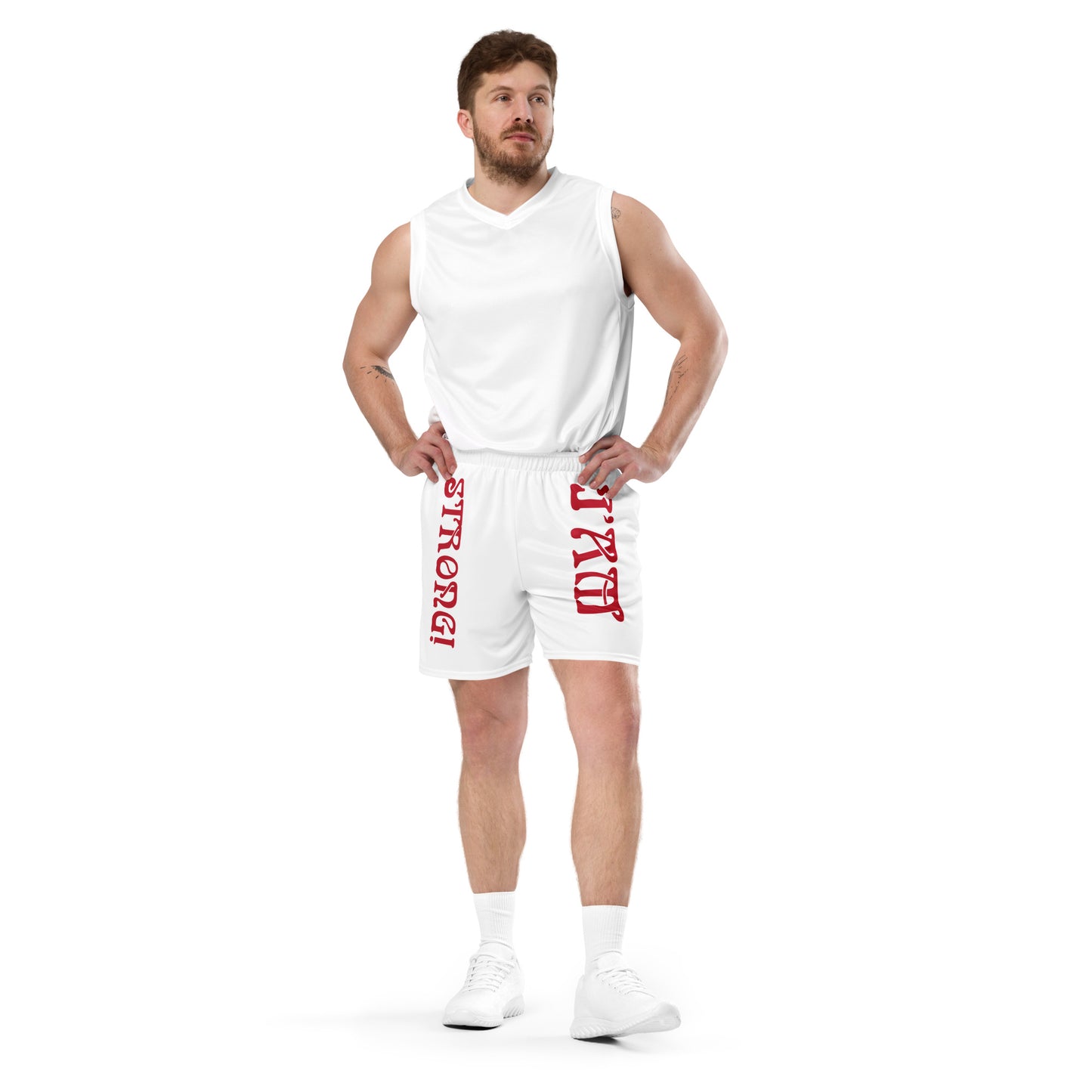 “I’AM STRONG!” White Unisex Sport Shorts W/Red Font