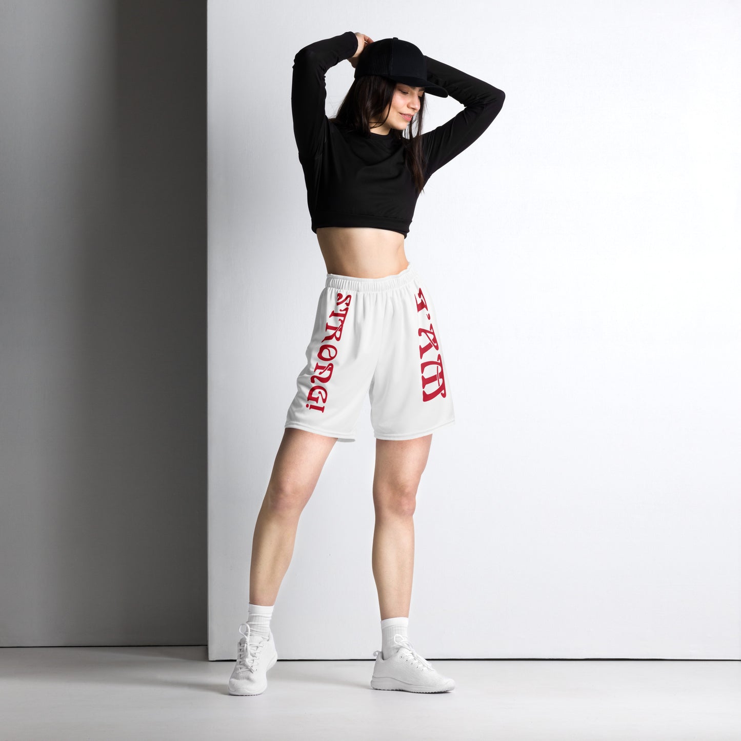 “I’AM STRONG!” White Unisex Sport Shorts W/Red Font