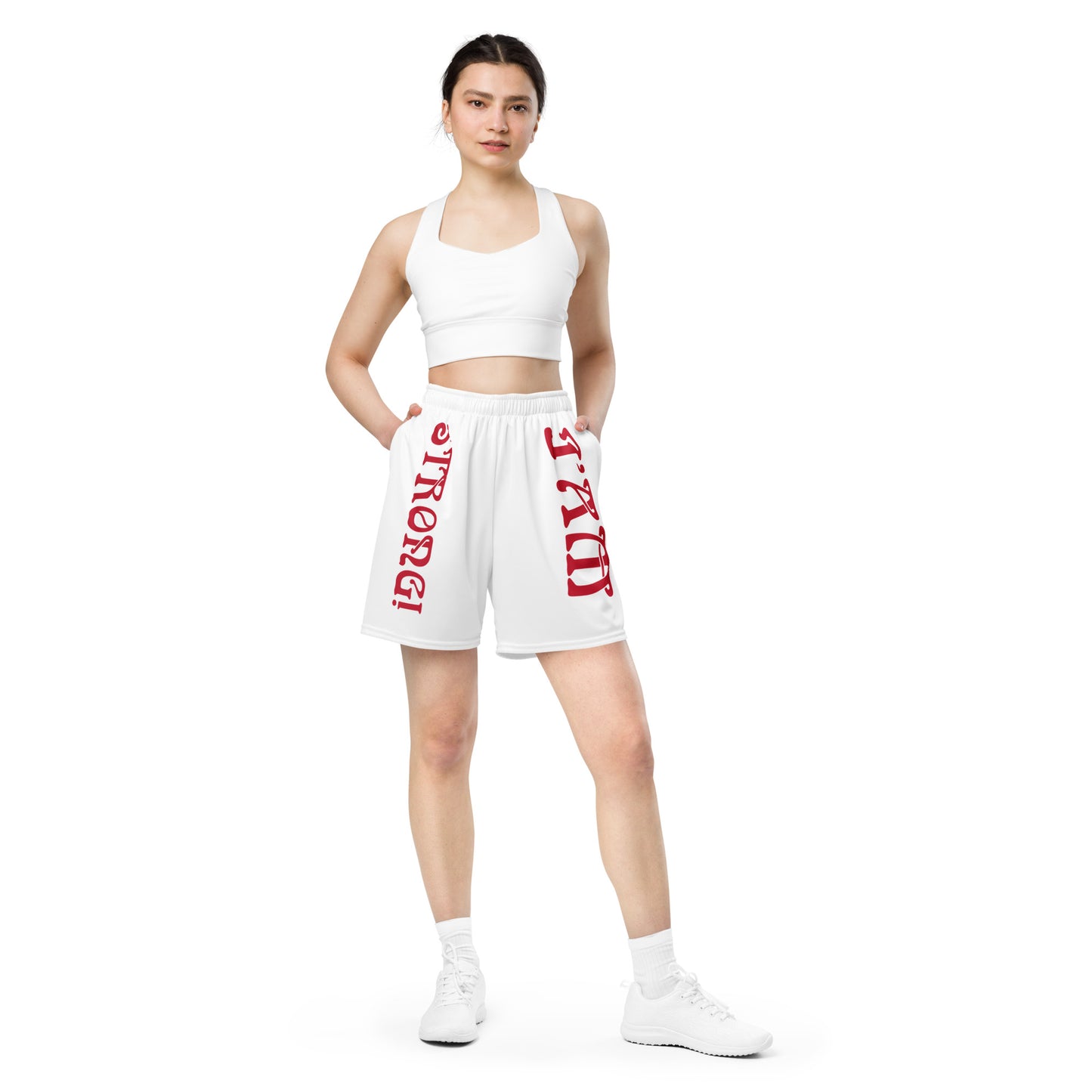 “I’AM STRONG!” White Unisex Sport Shorts W/Red Font