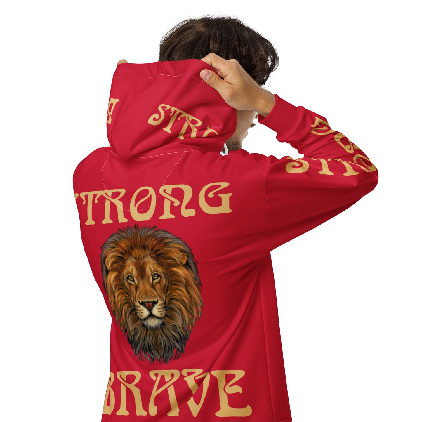 “STRONG,BRAVE”Red Unisex Zip Hoodie W/Fawn Font