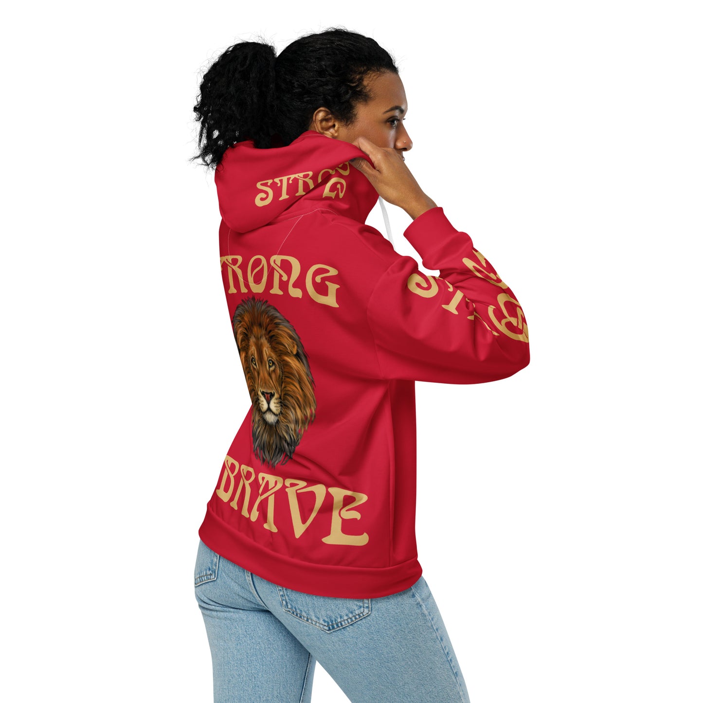 “STRONG,BRAVE”Red Unisex Zip Hoodie W/Fawn Font