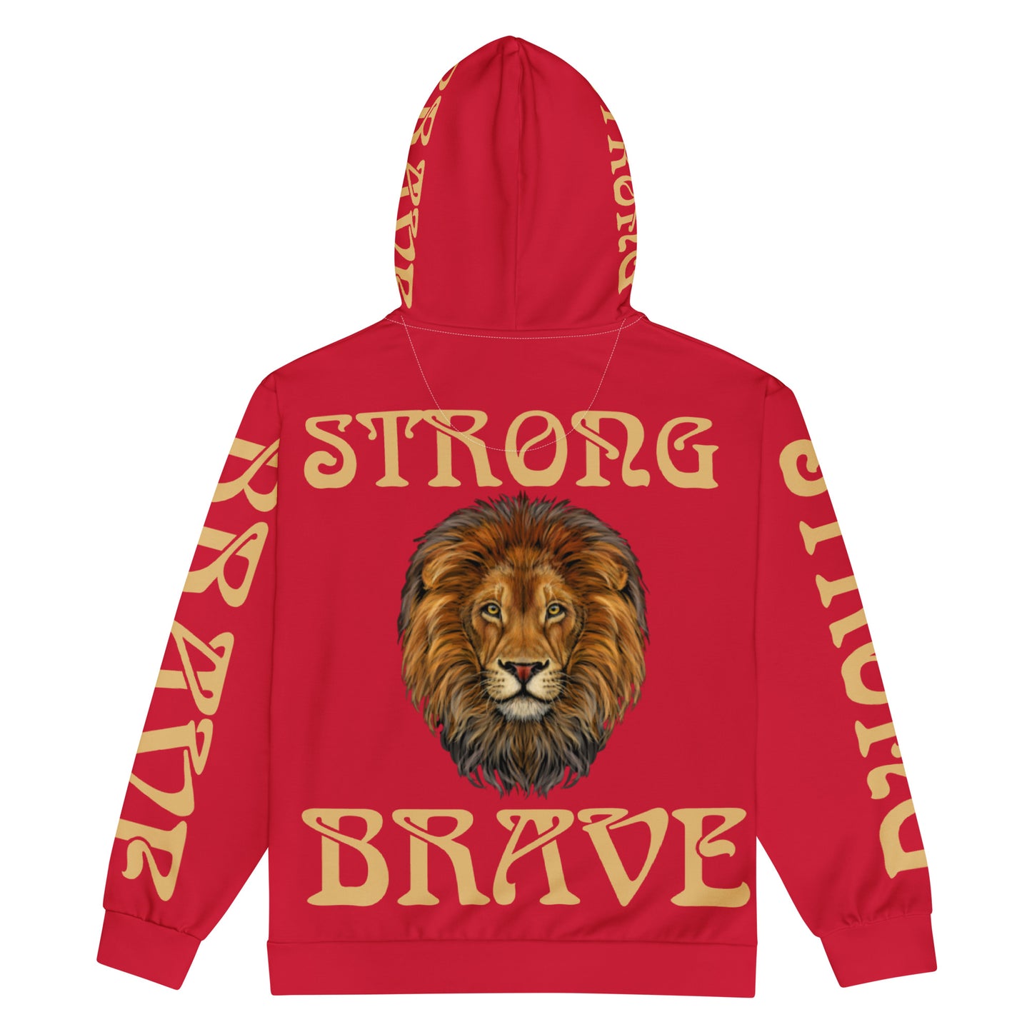 “STRONG,BRAVE”Red Unisex Zip Hoodie W/Fawn Font