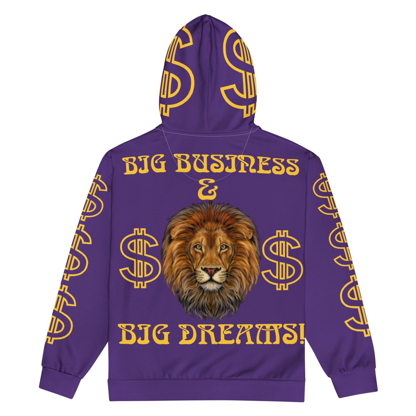 “BIG BUSINESS & BIG DREAMS!”Purple Unisex Zip Hoodie W/Yellow Font