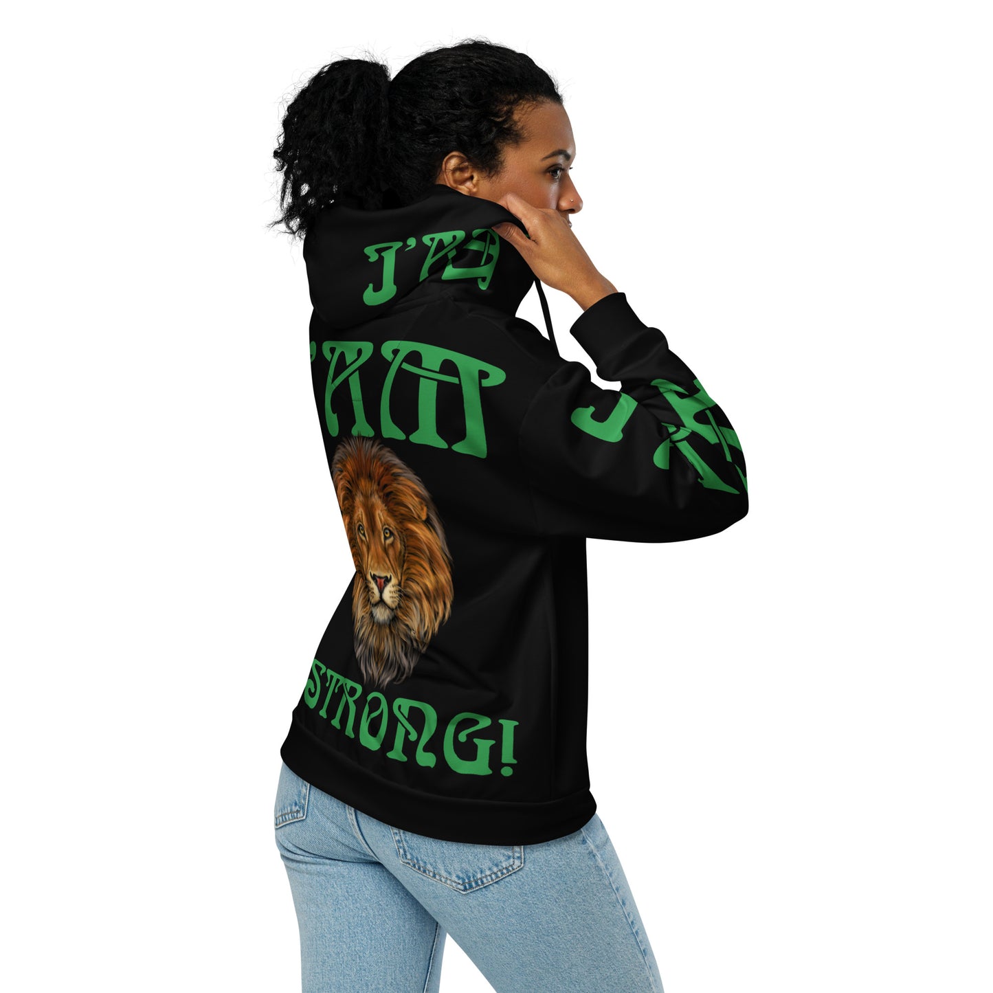 “I’AM STRONG!”Black Unisex Zip Hoodie W/Green Font