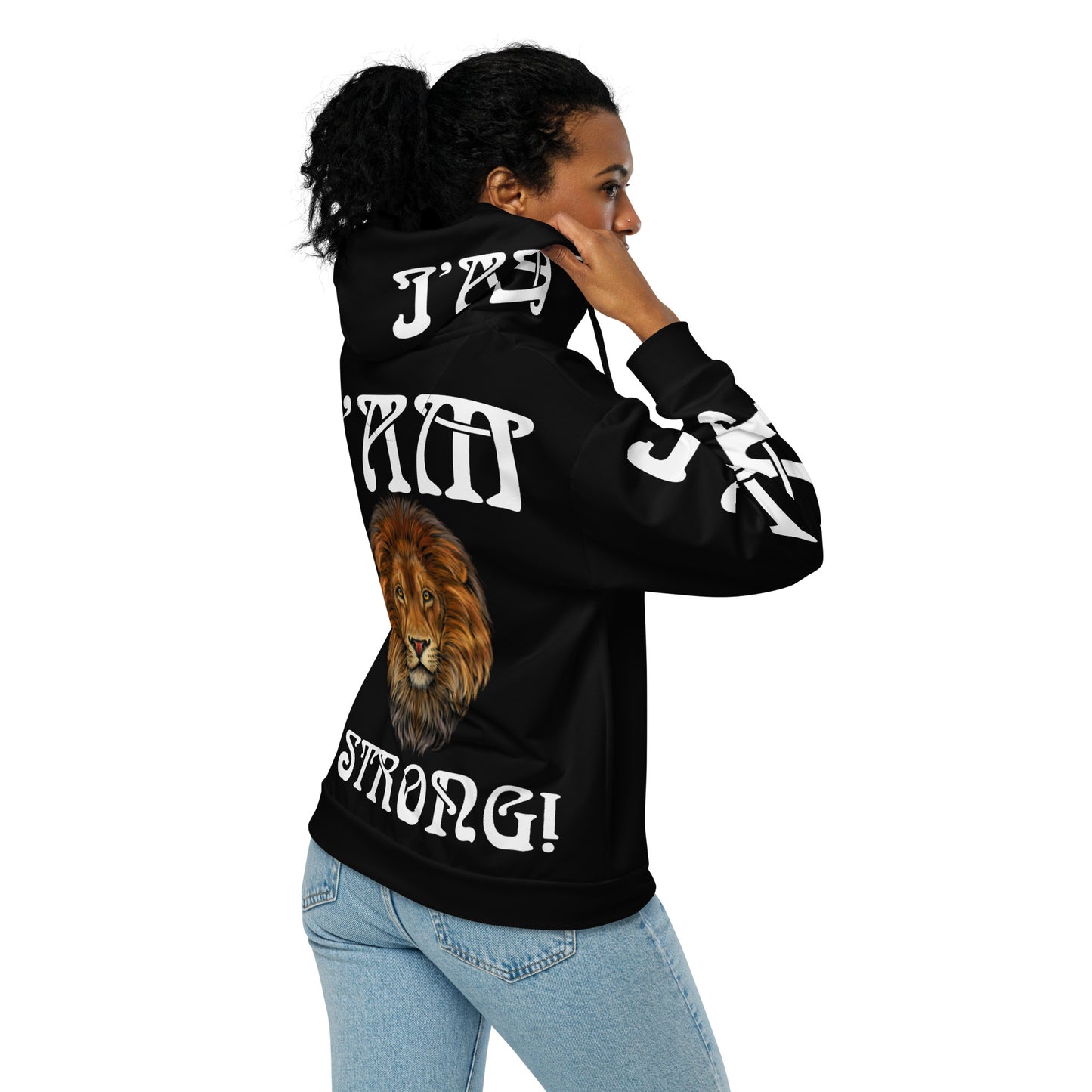 “I’AM STRONG!”Black Unisex Zip Hoodie W/White Font