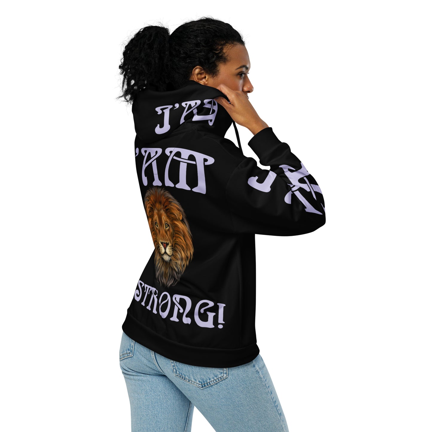 “I’AM STRONG!”Black Unisex Zip Hoodie W/Light Purple Font