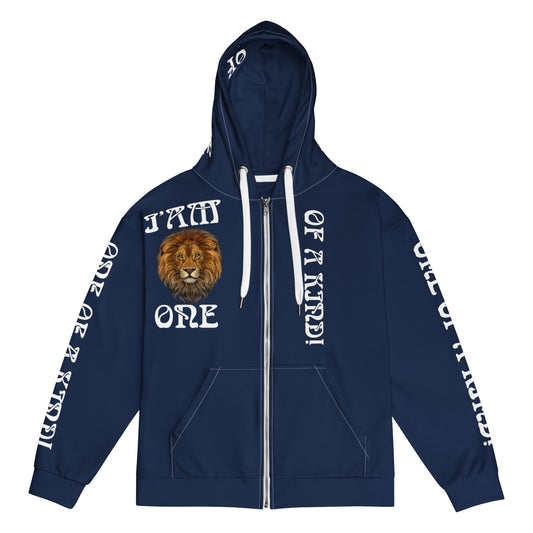 “IAM ONE OF A KIND!”Unisex Navy Zip Hoodie W/White Font