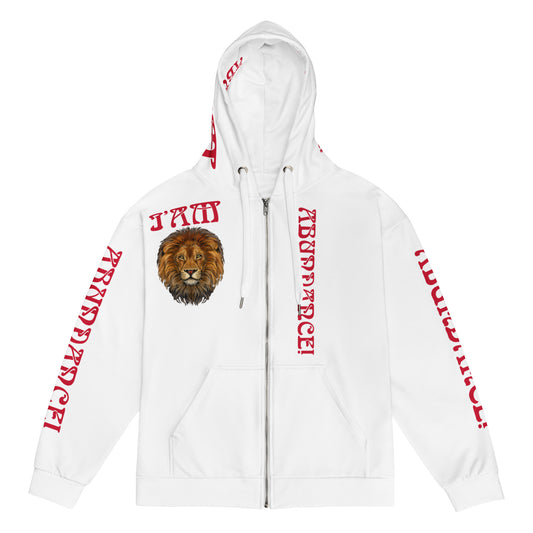 “I’AM ABUNDANCE!"Unisex White Zip Hoodie W/Red Font