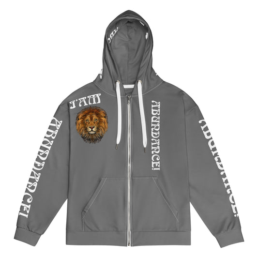 “I’AM ABUNDANCE!”Unisex Grey Zip Hoodie W/White Font