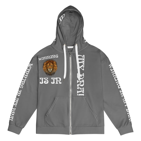 “WINNING IS IN MY DNA!”Grey Unisex Zip Hoodie W/White Font