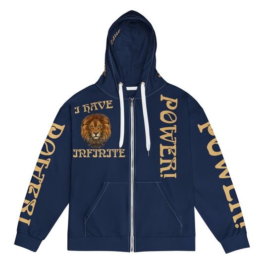 “I HAVE INFINITE POWER!”Navy Unisex Zip Hoodie W/Fawn Font