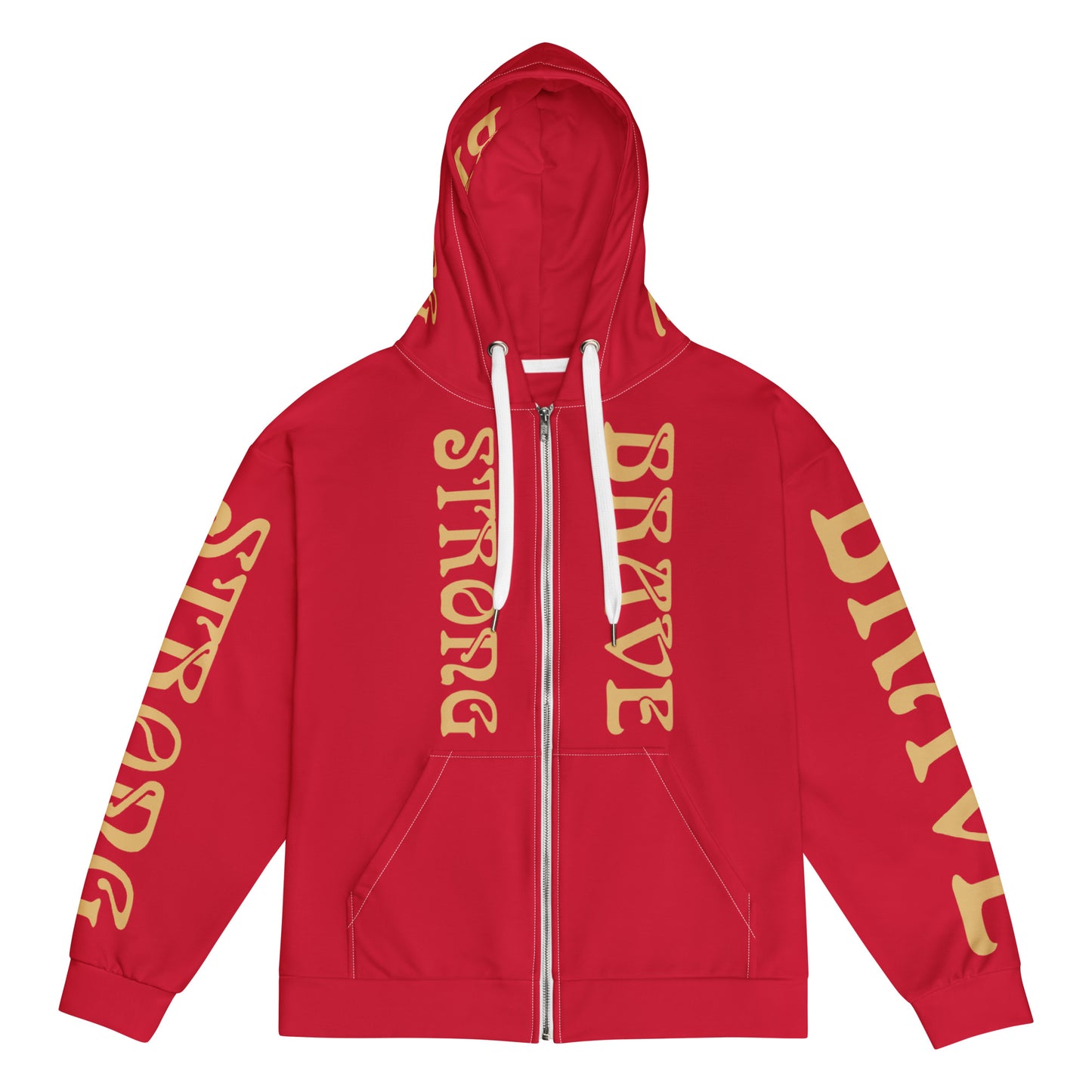 “STRONG,BRAVE”Red Unisex Zip Hoodie W/Fawn Font