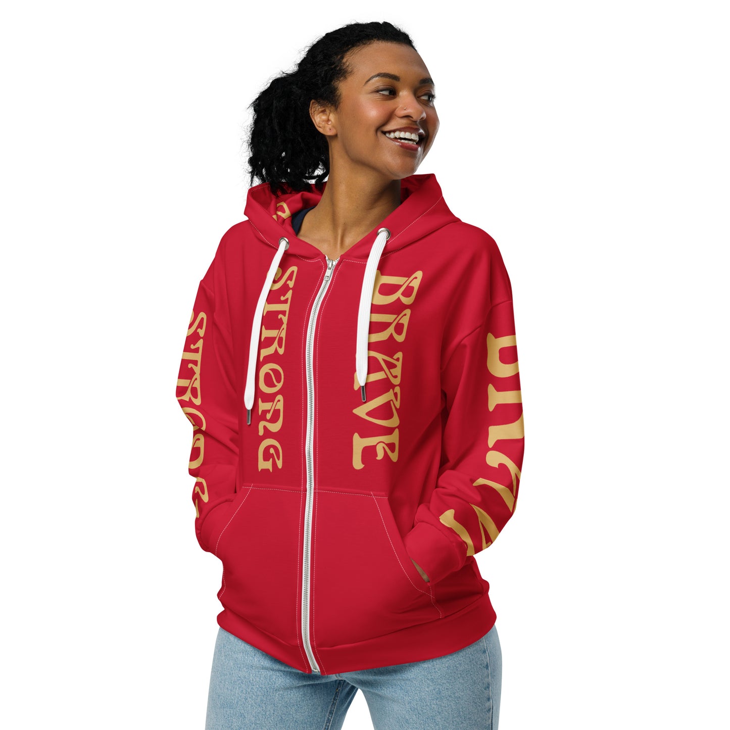 “STRONG,BRAVE”Red Unisex Zip Hoodie W/Fawn Font