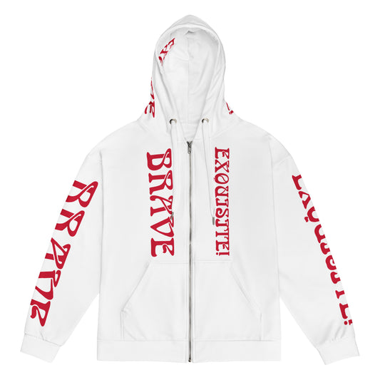 “BRAVE,EXQUISITE”White Unisex Zip Hoodie W/Red Font