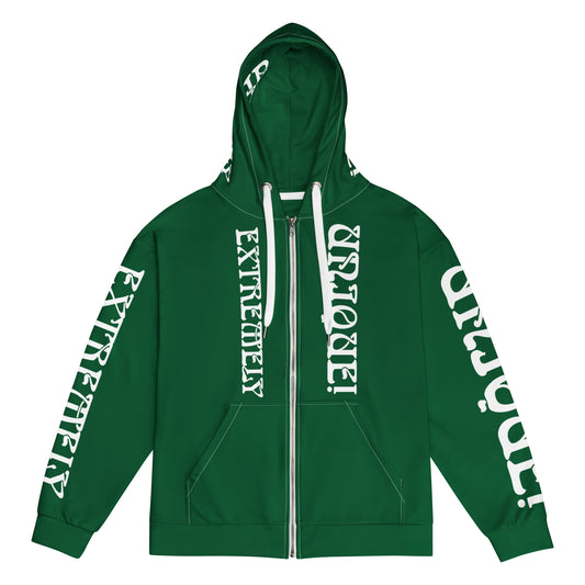 “EXTREMELY UNIQUE!”Green Unisex Zip Hoodie W/White Font