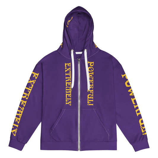 “EXTREMELY POWERFUL!”Purple Unisex Zip Hoodie W/Yellow Font