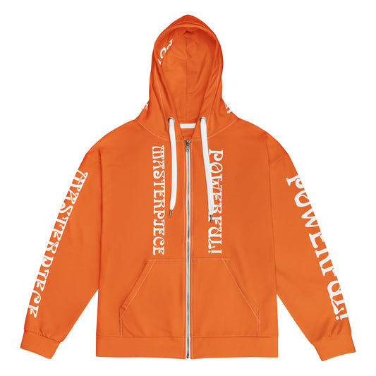 “MASTERPIECE,POWERFUL!”Orange Unisex Zip Hoodie W/White Font