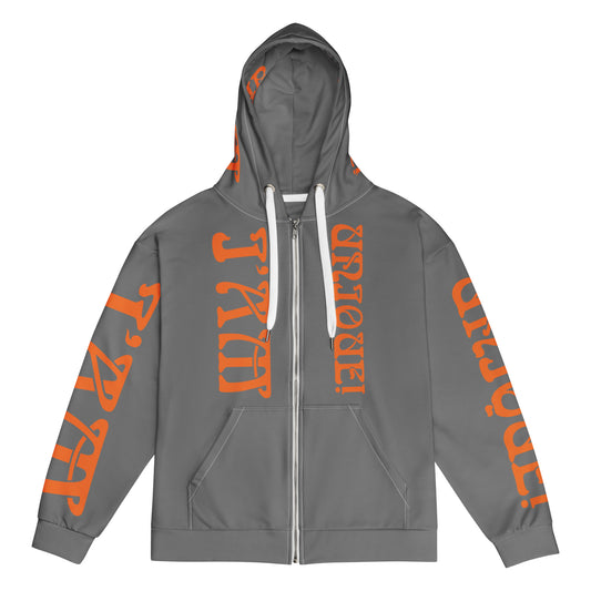 “I’AM UNIQUE!”Grey Unisex Zip Hoodie W/Orange Font