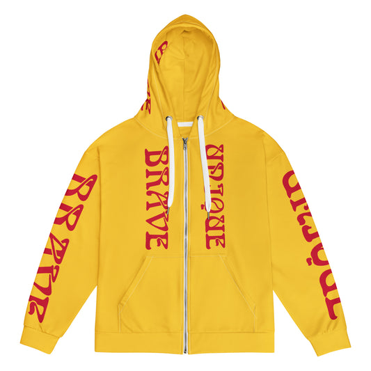 “BRAVE,UNIQUE!”Yellow Unisex Zip Hoodie W/Red Font