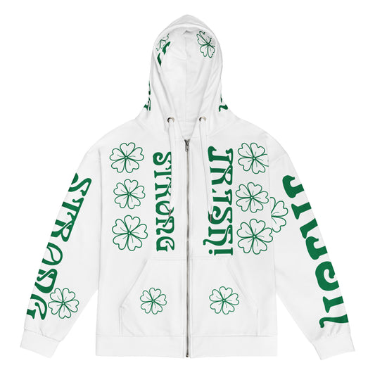 “STRONG,IRISH”White Unisex Zip Hoodie W/Green Font