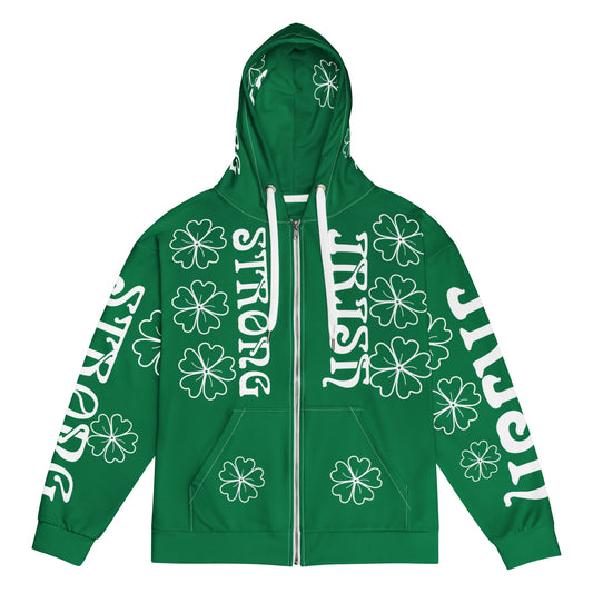 “STRONG,IRISH”Green Unisex Zip Hoodie W/White Font