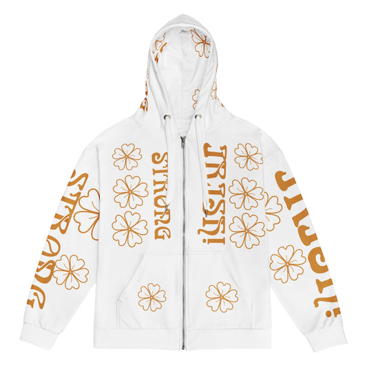 “STRONG,IRISH!”White Unisex Zip Hoodie W/Bronze Font