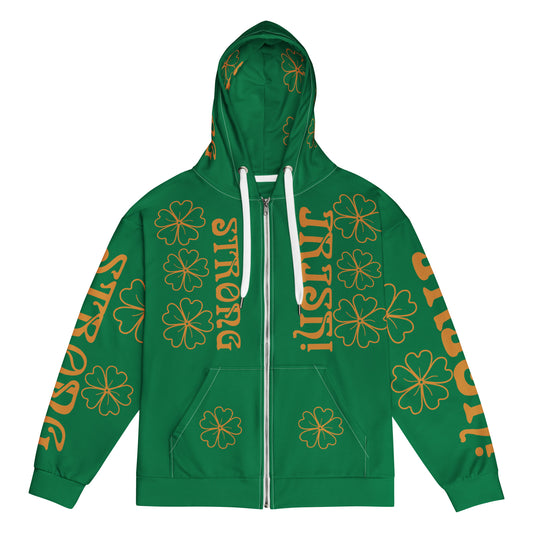 “STRONG,IRISH”Green Unisex Zip Hoodie  W/Bronze Font